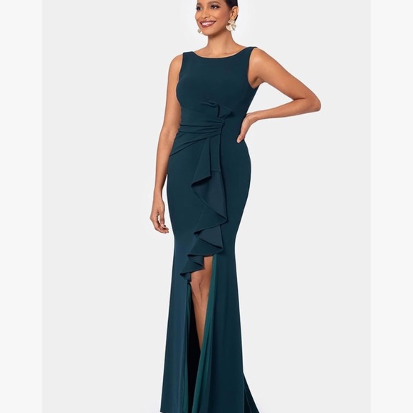 Betsy & Adam Women’s Long Sleeveless Boat Neck Ruffle Side Slit Scuba Crepe Gown - Picture 2 of 4